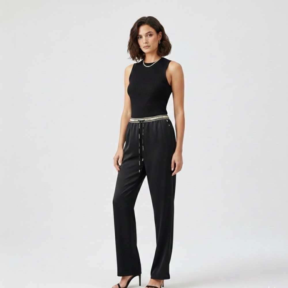 Giorgio Armani Black Viscose Wool Stretch Draw String Straight Leg Pants IT 46